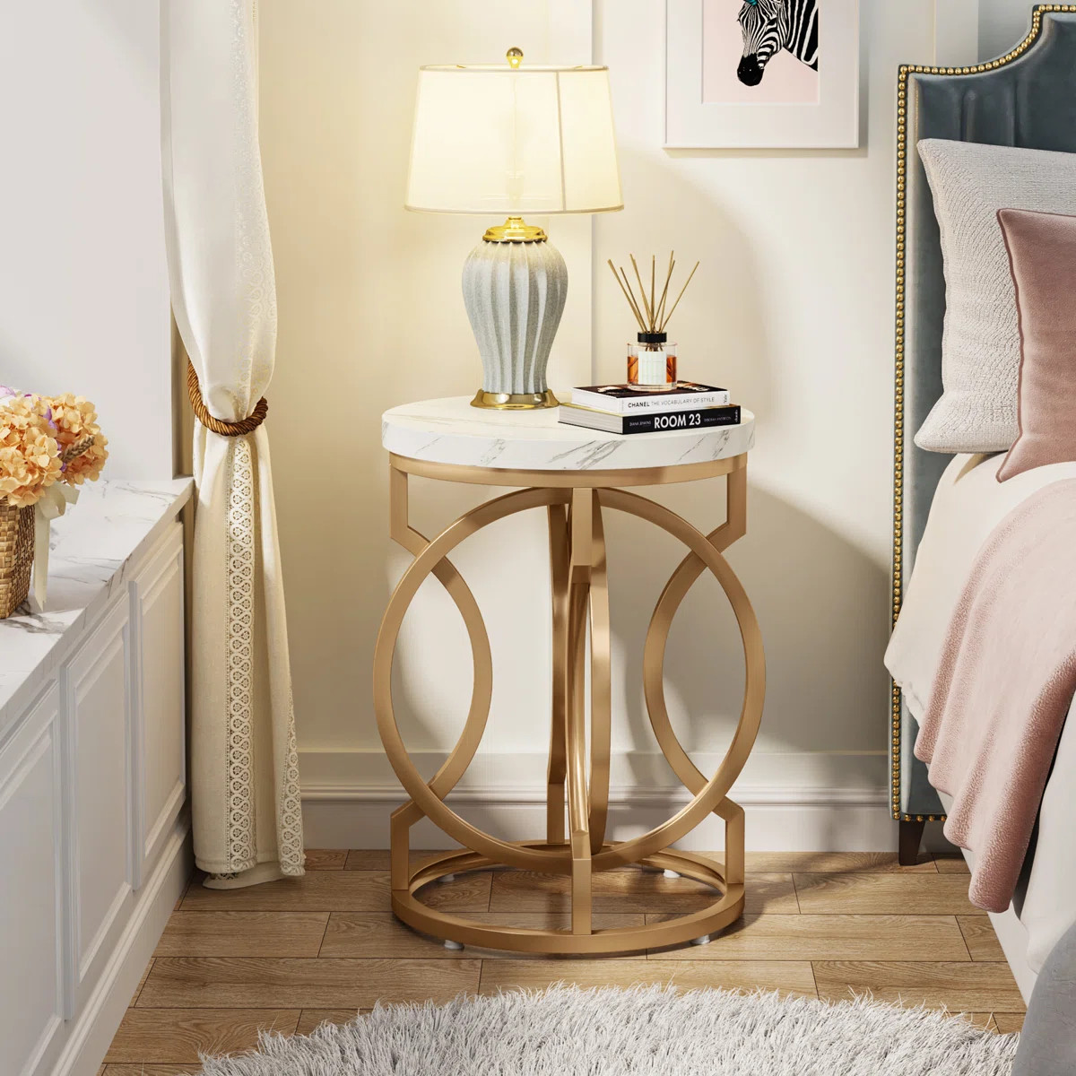 Masonlee 19.7"W Gold End Table, Round Side Table with Faux Marble Top | Wayfair North America