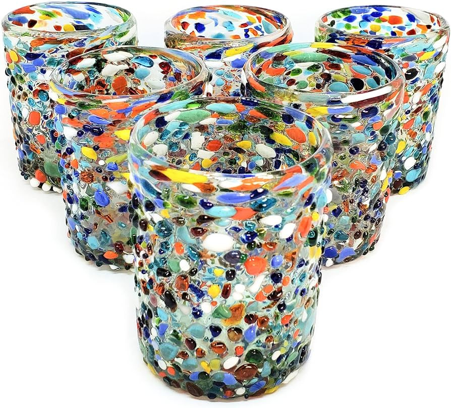 Confetti Rocks 10 oz Tumbler Glasses, set of 6, Mexican Handmade Multicolor Glassware, Recycled G... | Amazon (US)