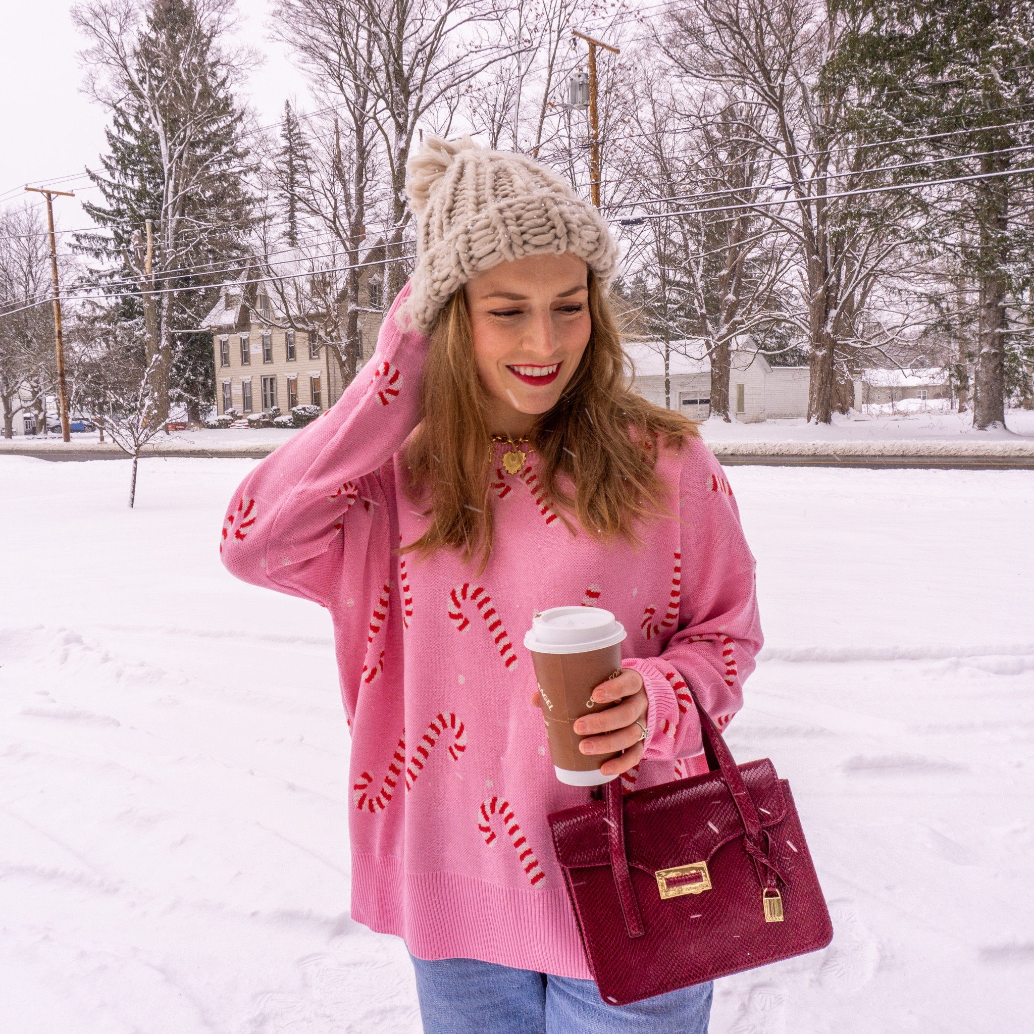 Seasonal sweater, candy cane sweater, burgundy, burgundy bag, charm necklace, personalized charm necklace, low rise baggy jeans 

#LTKHoliday #LTKItBag #LTKSeasonal