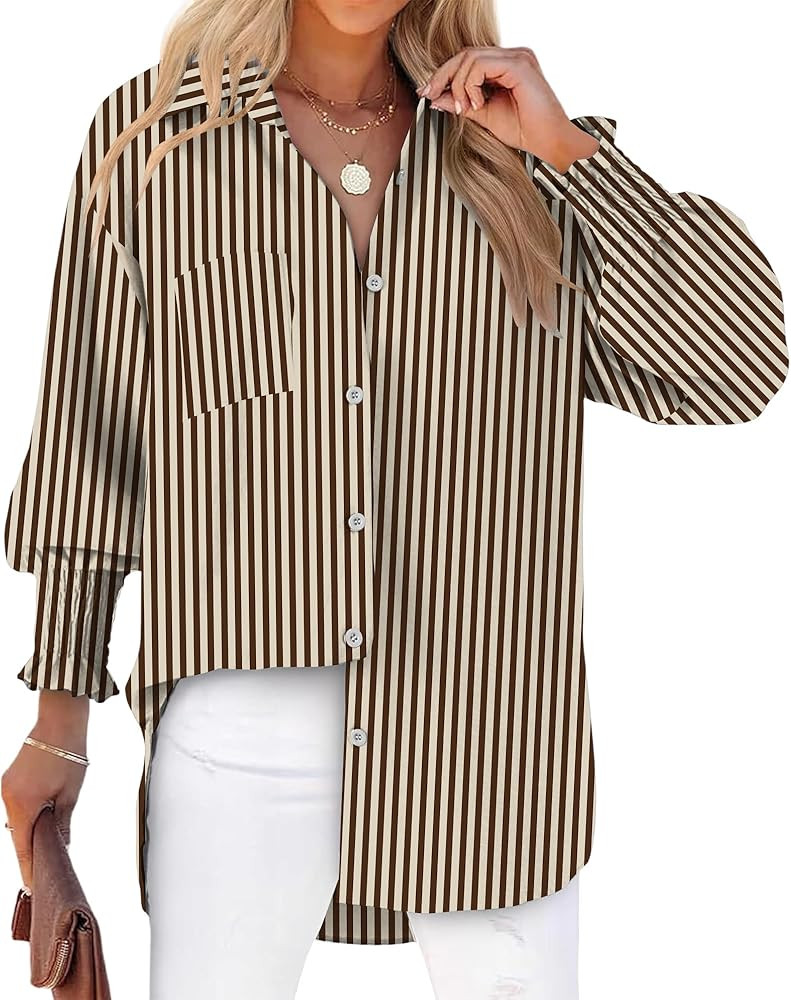 Womens Striped Button Down Shirts Smocked Puff Sleeve Boyfriend Blouse Collar Oversized Work Tops... | Amazon (US)