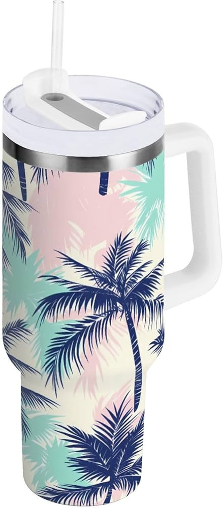 ALAZA 40 oz Pink Green Palm Tree Tumbler with Handle and Straw Lid, Reusable Leak-Proof Insulated... | Amazon (US)