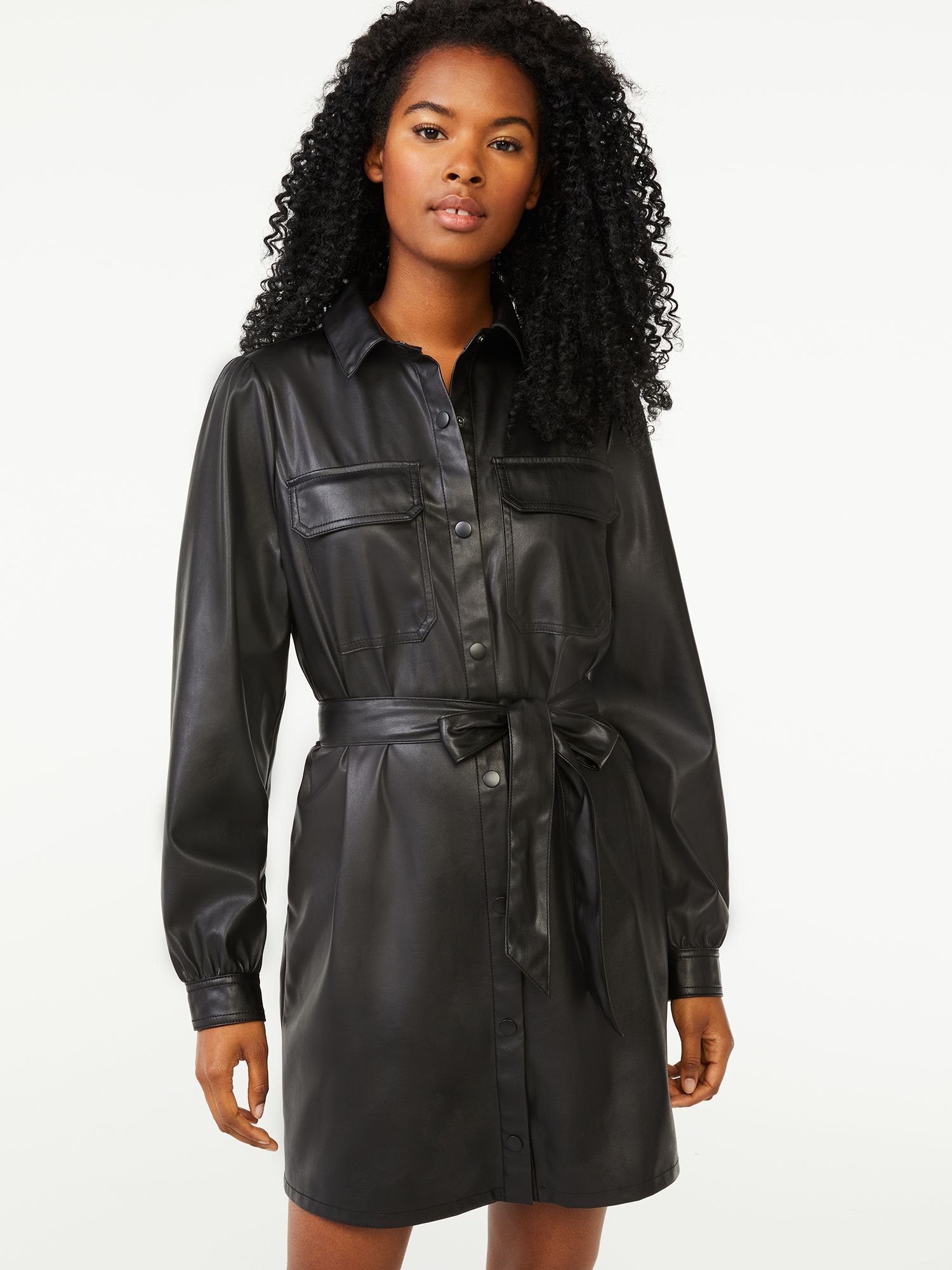 Scoop Women's Faux Leather Belted Shirt Dress - Walmart.com | Walmart (US)