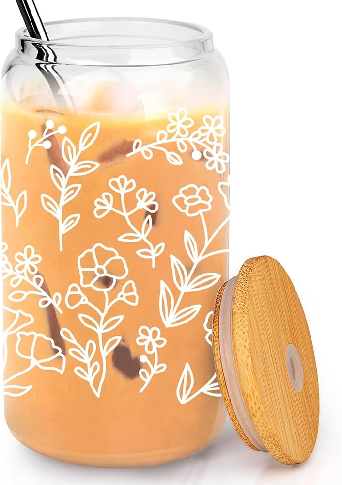 Floral Iced Coffee Cup - Cute Glass Coffee Cups with Lids and Straw - Flower Beer Tumbler, Can Sh... | Amazon (US)
