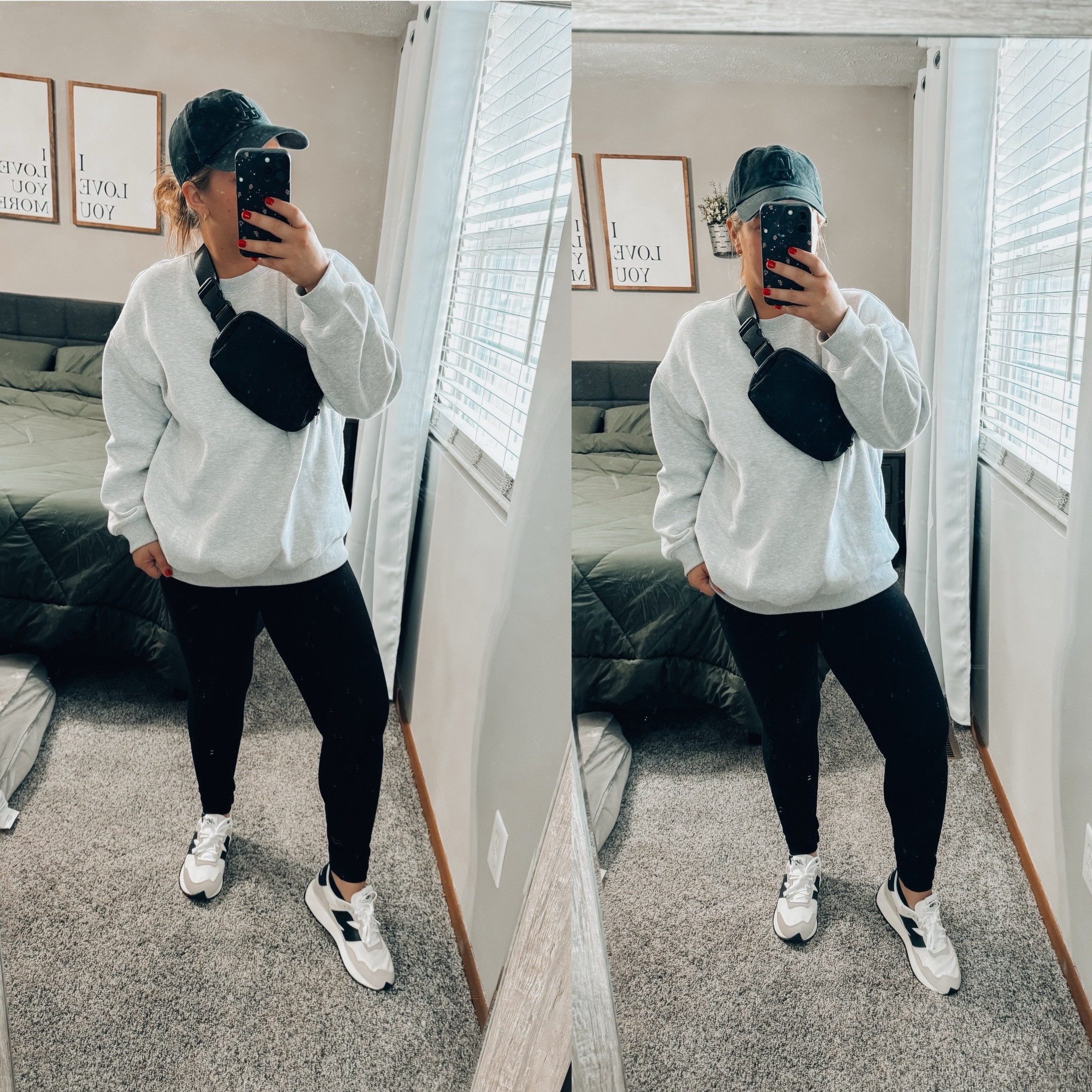 Casual and comfy weekender - errand running sporty mom outfit perfect for the gym or coffee run - oversized and soft ash grey crewneck sweatshirt - high rise buttery soft black cross waist leggings - new balance sneakers - black crossbody belt bags - baseball caps for women 

#LTKShoeCrush #LTKFitness #LTKActive