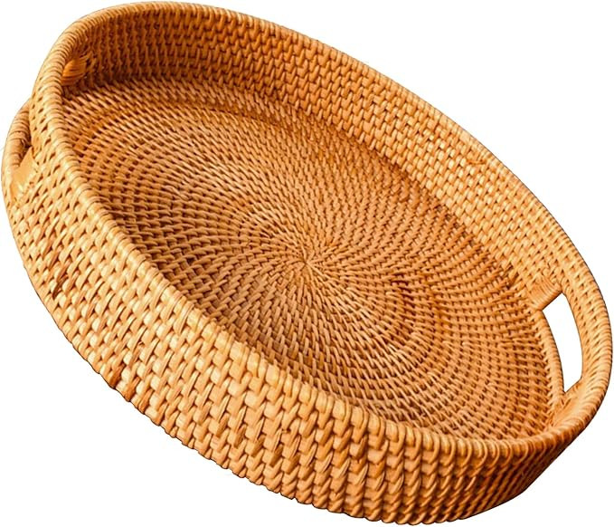 WUWEOT Rattan Serving Tray, Round Woven Wicker Basket, Decorative Rustic Table Tray with Handles ... | Amazon (US)