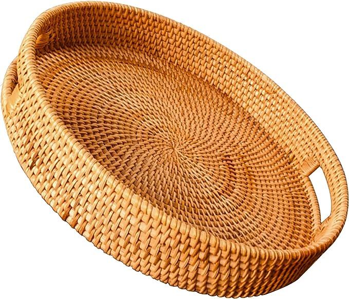 WUWEOT Rattan Serving Tray, Round Woven Wicker Basket, Decorative Rustic Table Tray with Handles ... | Amazon (US)