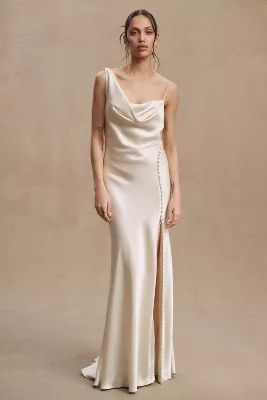 Watters Mirall Cowl-Neck Button-Slit Satin Sheath Wedding Gown | Anthropologie (US)
