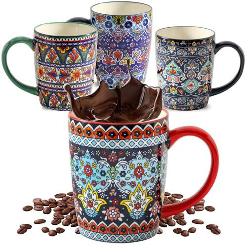 HASENSE Coffee Mugs, 15 OZ Coffee Cups Ceramic Set of 4 with Handle and Bohemian Style for Man Woman, Vintage Stoneware Porcelain Coffee Cups Set for Tea, Cocoa, Milk, Latte and Cappuccino - Multi | Amazon (US)
