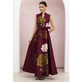 Regal Peony Print Tie-Waist Sleeveless Maxi Dress in Burgundy for Exclusive Celebrations & Corpor... | Chicwish