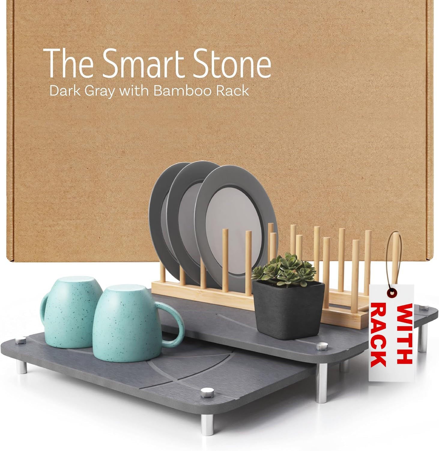 Nested Dish Drying Stone Mat with Bamboo Rack | 2 Pcs Diatomaceous Earth Stone Drying Mats for Ki... | Amazon (US)
