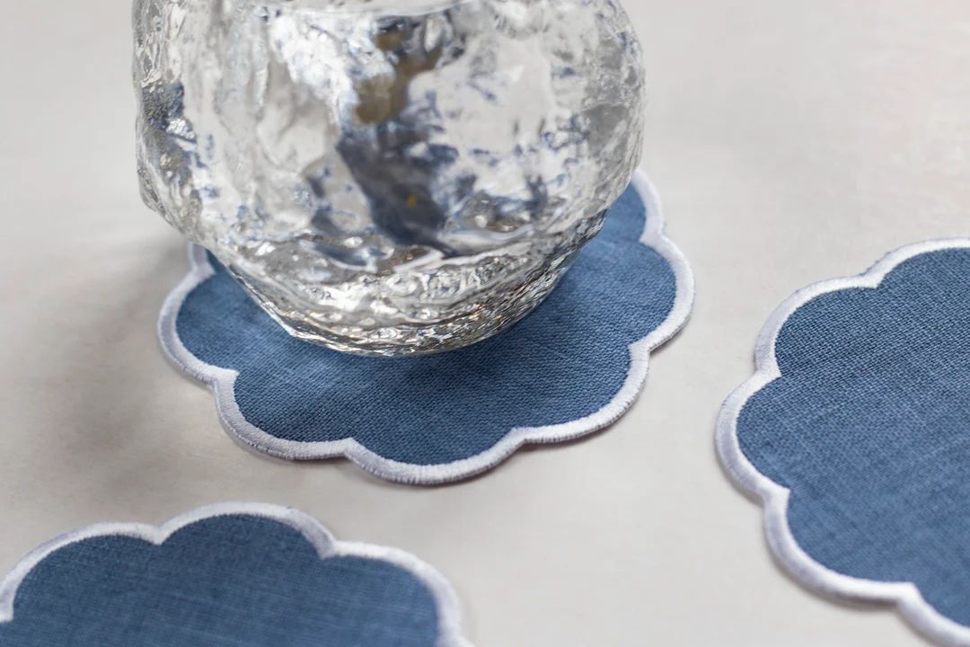 Round Scalloped Blue Linen Coasters Cocktail Napkins Set of 4 - Etsy | Etsy (US)