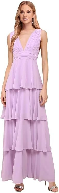 Chiffon Bridesmaid Dresses V Neck Ruched Prom Dress Long Sleeveless Wedding Ruffle Tiered Formal ... | Amazon (US)