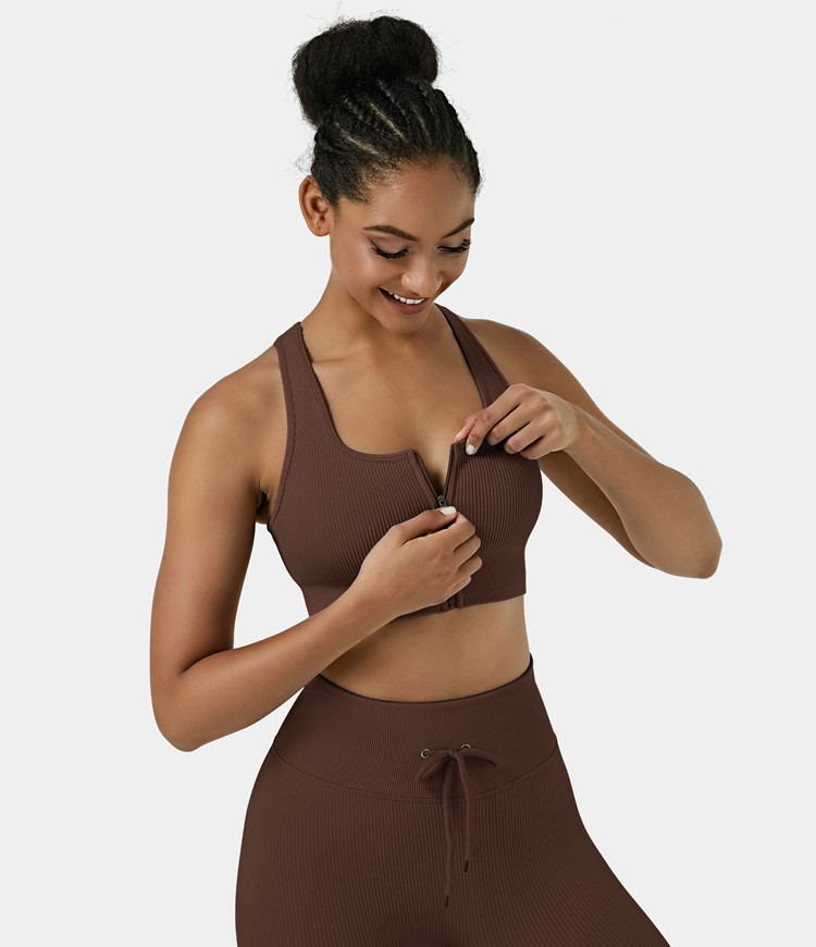 Women’s Seamless Flow Low Support Ribbed Knit Zip Front Sports Bra - HALARA | HALARA