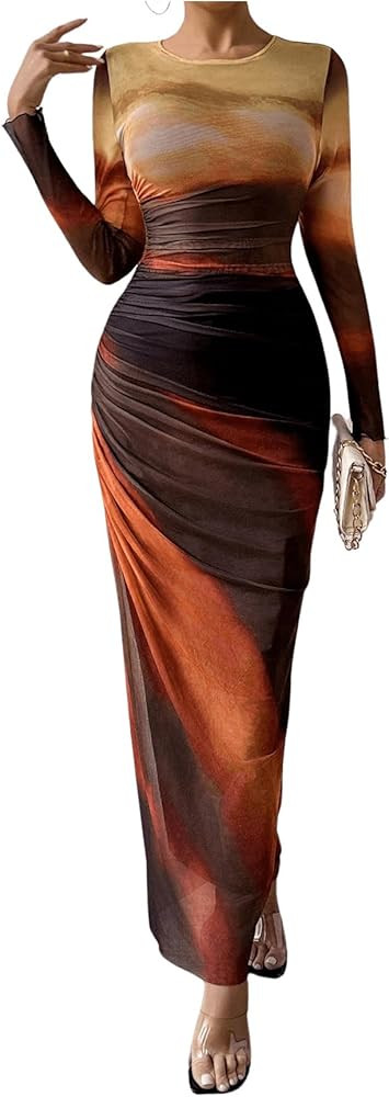 Women's Tie Dye Ruched Long Sleeve Dress Mesh Slim Fit Bodycon Maxi Dresses | Amazon (US)