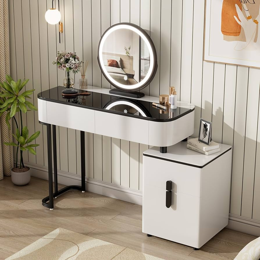 Small Vanity Desk with Mirror and Lights| Modern Makeup Vanity Table with Adjustable Nightstand a... | Amazon (US)