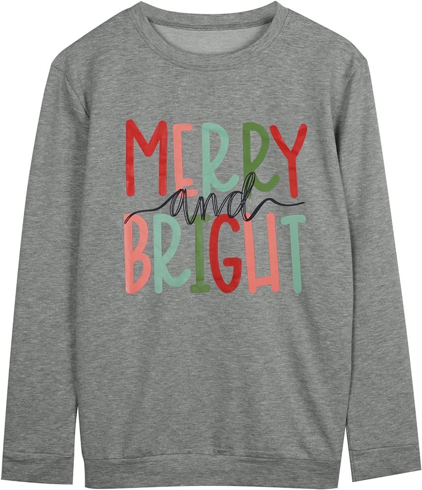 MOUSYA Christmas T-Shirt Women Merry Bright Colorful Letter Printed Sweatshirt Casual Long Sleeve Ro | Amazon (US)