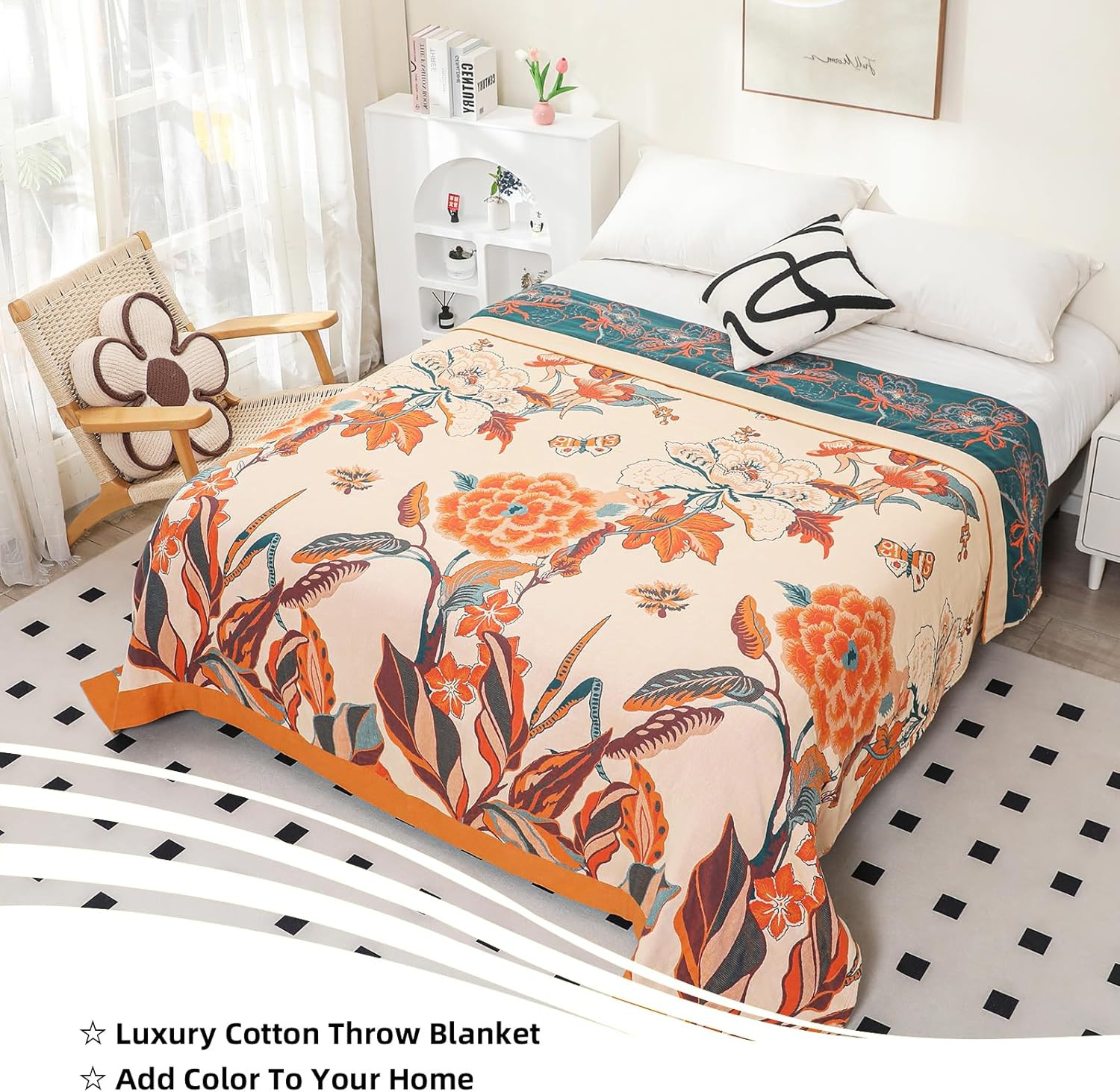 Boho Throw Blanket, 100% Organic Cotton Breathable Soft All Season Rustic Bed Throw - Floral Bird... | Amazon (US)