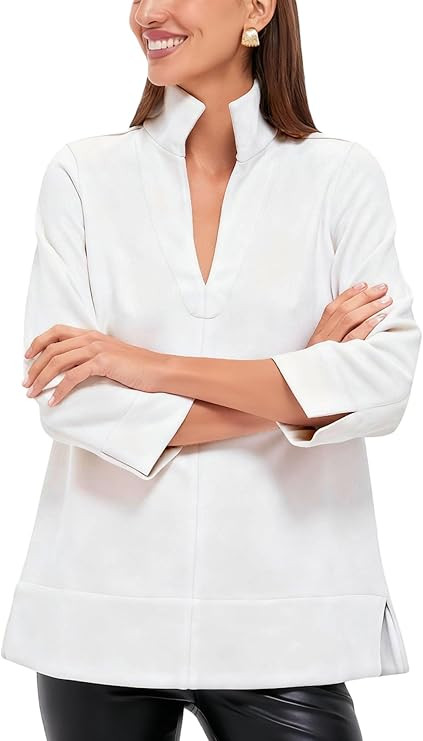 Yidarer Women's V-Neck Faux Suede Blouse 3/4 Sleeve Stand Collar Relaxed Fit Tunic Top for Casual... | Amazon (US)