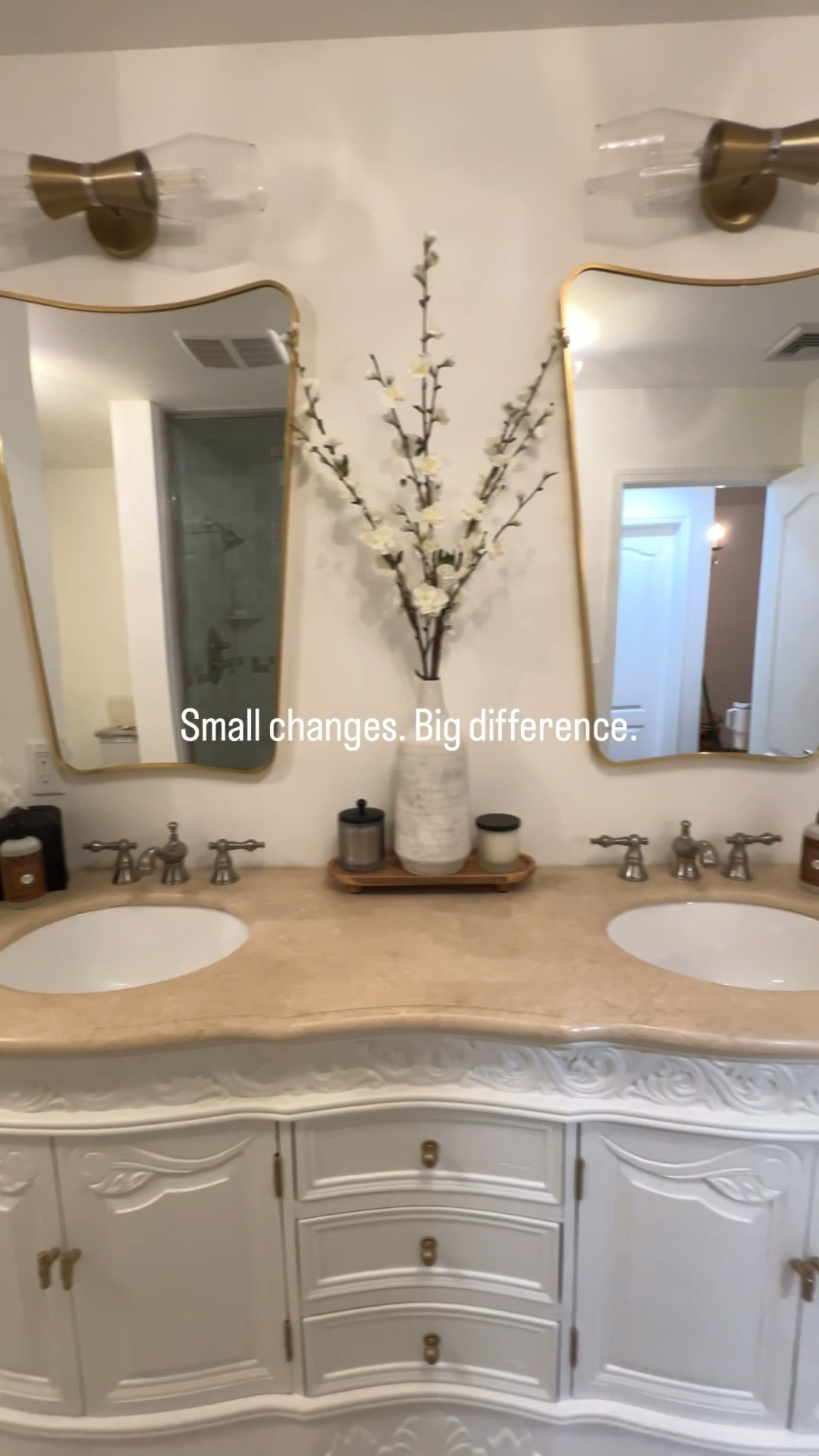 If you’re a new homeowner, this is your reminder:
You don’t need to renovate everything at once.

This vanity was part of a 20-year-old bathroom designed during the Tuscan trend.
Instead of replacing it, we painted it Chantilly Lace — and it completely transformed the space.

Live in your home first.
Your needs (and style) will change over time 🤍

#LTKstorytime #LTKdayinmylife #LTKHome