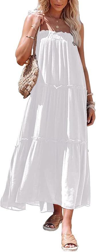 Fazortev Womens Summer Flowy Ruffle Tiered Maxi Dress Casual Sleeveless Spaghetti Strap Loose Mid... | Amazon (US)
