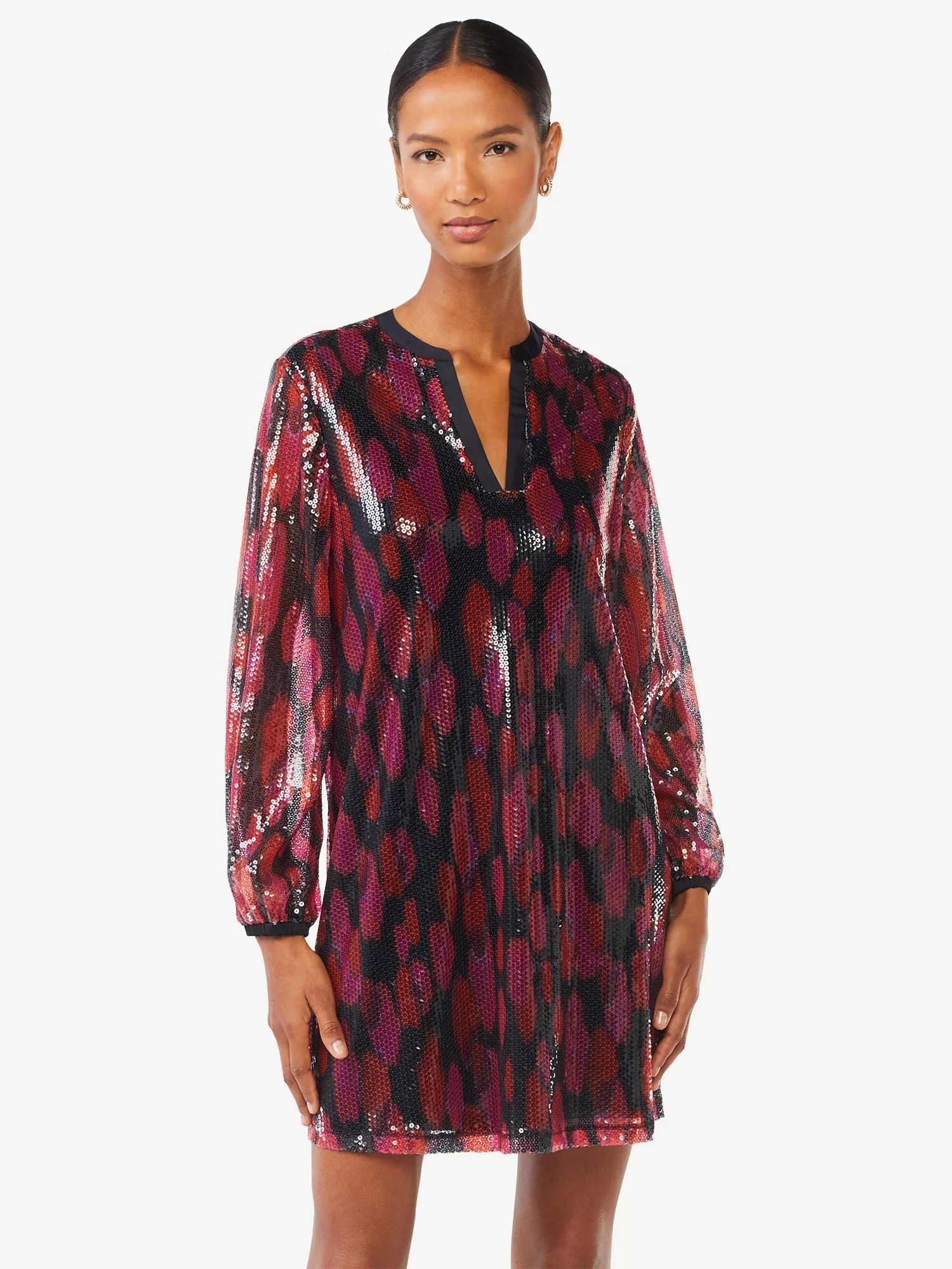 Scoop Women's Printed Sequin Dress with Long Sleeves - Walmart.com | Walmart (US)
