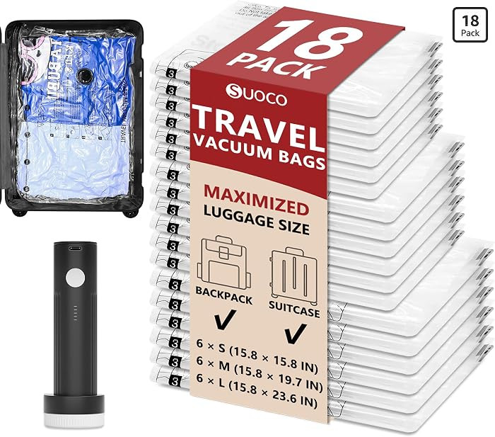 Travel Vacuum Bags for Clothing with Rechargeable Electric Pump, Compression Packing Cubes Organi... | Amazon (US)