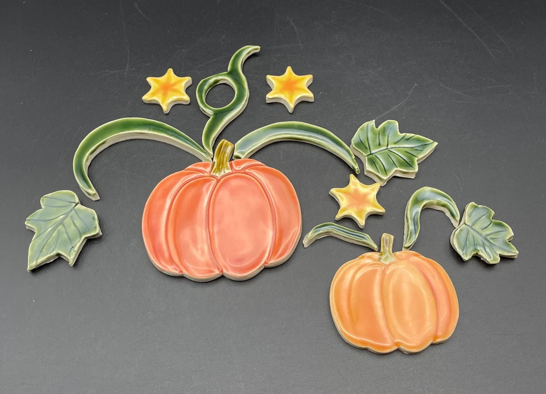 Ceramic Pumpkin Tiles, Vine, Leaf and Flower Tiles. Ceramic Mosaic Pumpkins, Vines, Handmade by F... | Etsy (US)