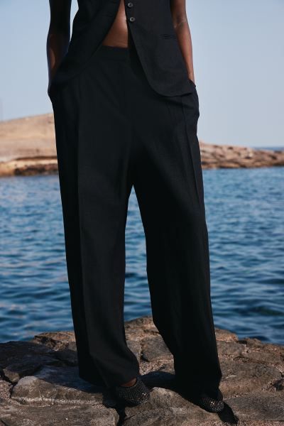 Linen-blend trousers - Black - Ladies | H&M GB | H&M (UK, MY, IN, SG, PH, TW, HK)
