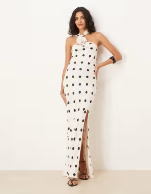ASOS DESIGN satin scarf corsage maxi dress in polka dot print | ASOS (Global)