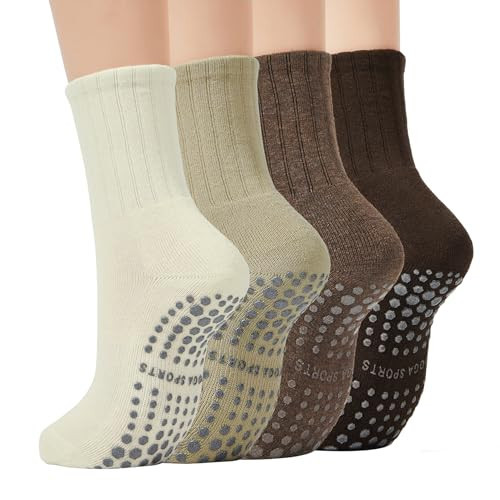 Vintage Socks with Grips for Women Barre Socks Grip Yoga Socks Grippy Crew Socks for Women Striped Tube Socks 4 Pairs-Ivory Light Coffee Brown Coffee 5-9 | Amazon (US)