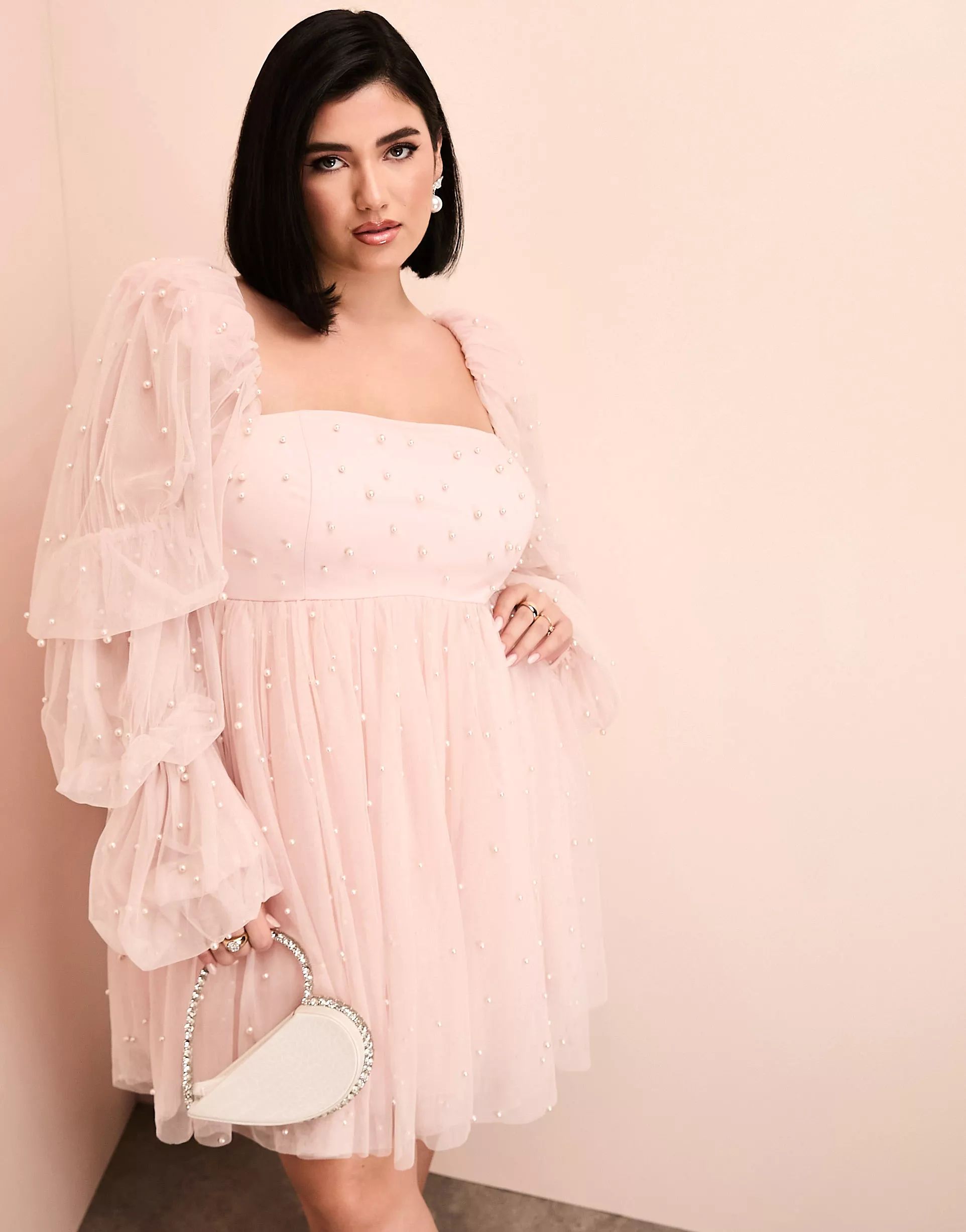 ASOS LUXE Curve tulle baby doll dress with pearl embellishment in pink | ASOS (Global)