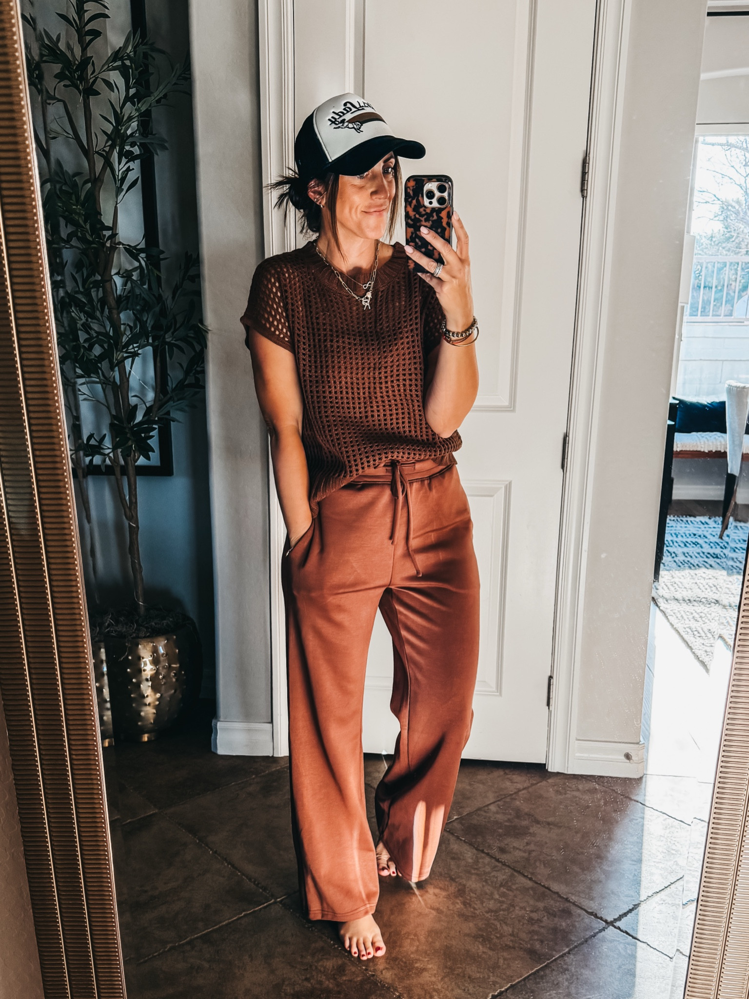 Set with wide leg, drawstring, sweatpants, and short sleeve crochet sweater top! 🤎🤎

- wearing size small 

Super cute for travel, lounging or errands! Just add sneakers and could even layer a denim jacket over 

#LTKStyleTip #LTKOver40 #LTKFindsUnder50