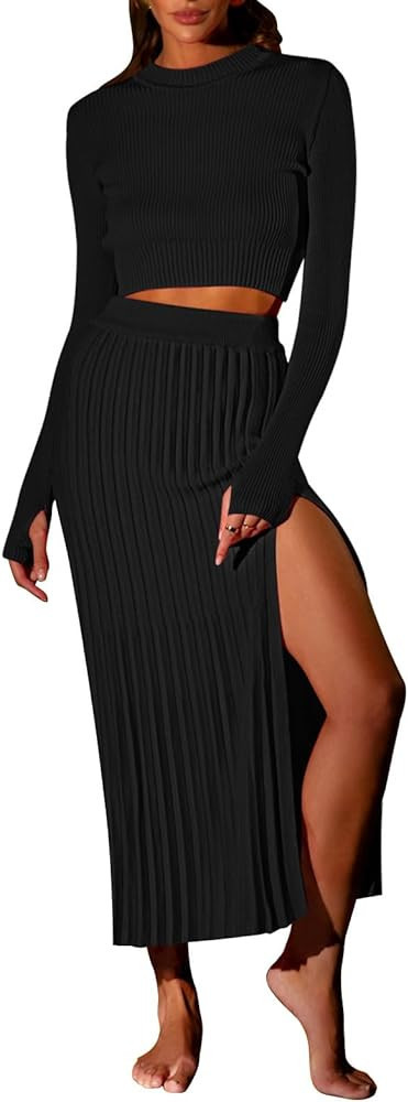 Pink Queen Women's 2 Piece Sweater Outfits Set Long Sleeve Crop Top Ribbed Split Bodycon Midi Long Skirt Knit Dresses | Amazon (US)