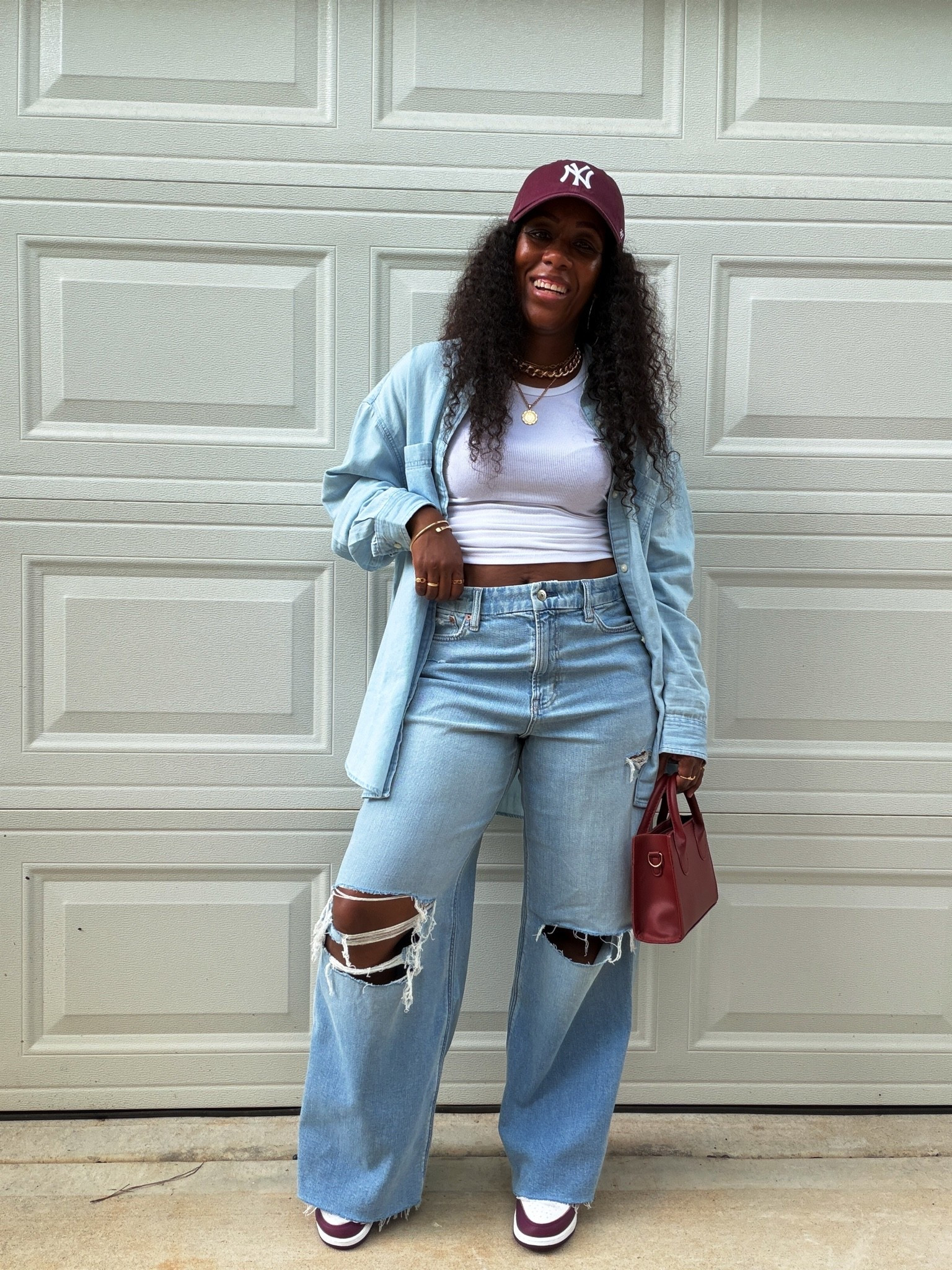 Need a casual sneakers outfit you can actually recreate? Try wide leg jeans, a simple white tank and an oversized denim shirt, then use matching accessories to pull the look together. I added burgundy sneakers, a matching hat and bag for an easy pop of color.

#LTKootd #LTKOver40 #LTKPetite