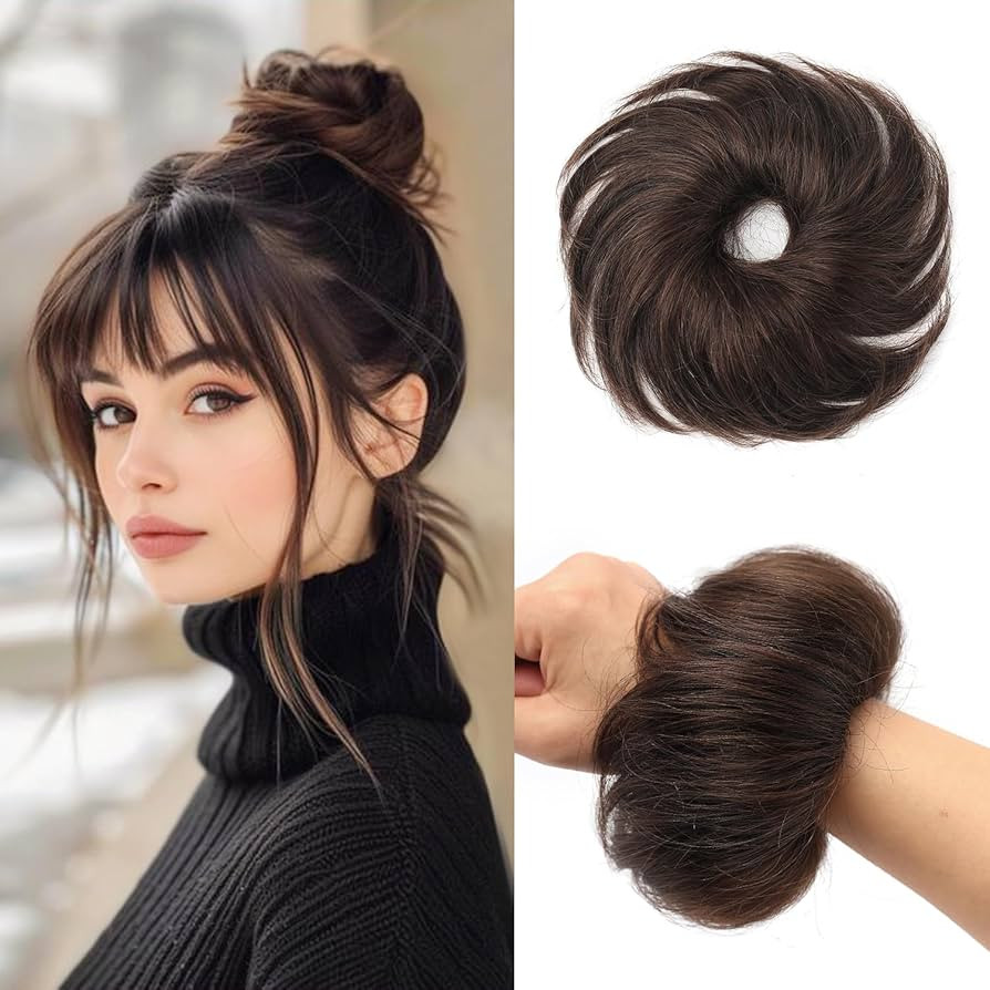 Messy Bun Hair Piece Human Hair Natural Curly Dark Brown Tousled Smooth Stretchy Fluffy Donut Upd... | Amazon (US)