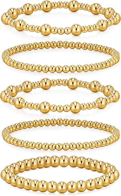 doubgood Gold Bracelets for Women Stretch Gold Beaded Bracelets for Women Girls 14K Gold Plated S... | Amazon (US)