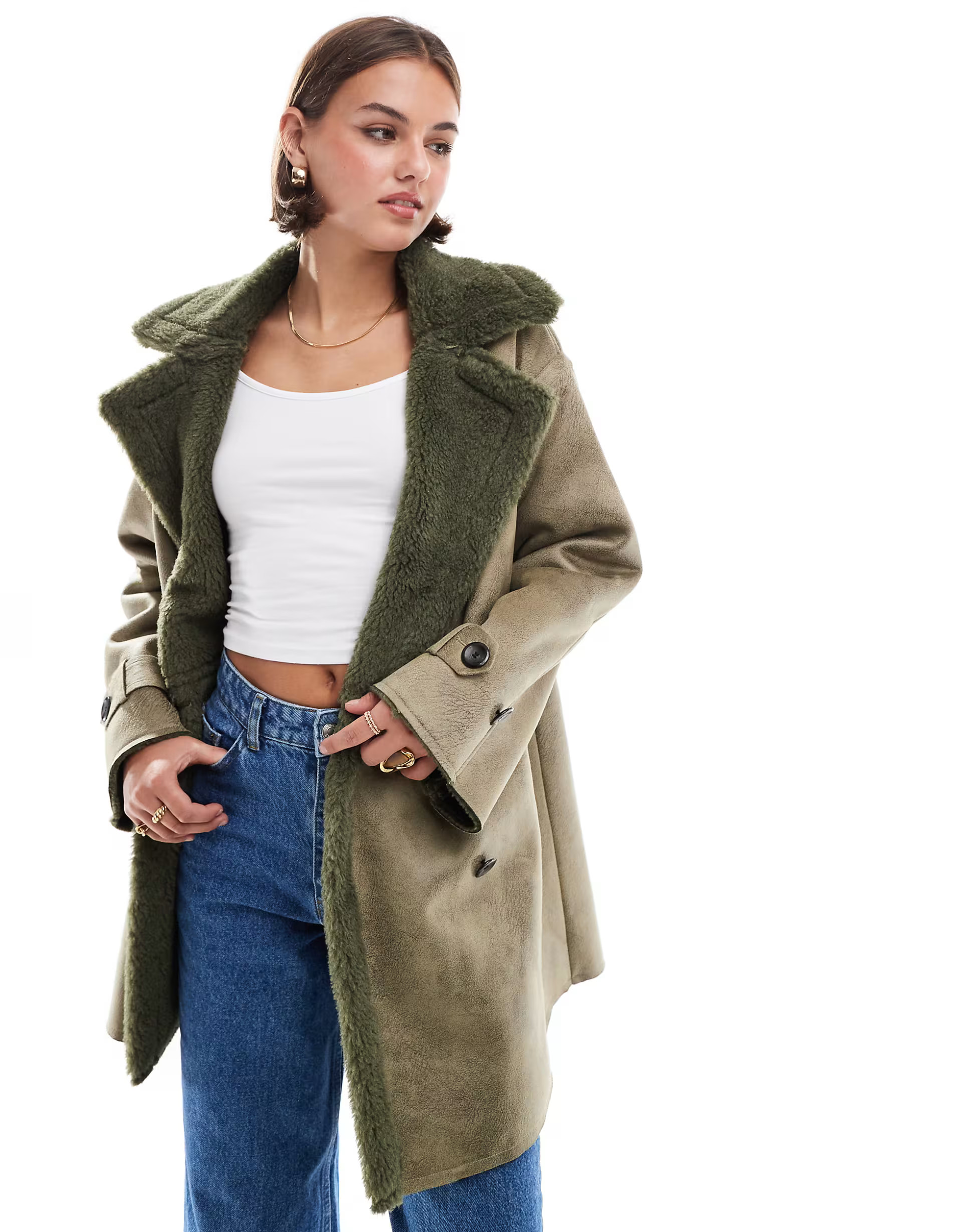 ONLY teddy aviator coat in olive green | ASOS (Global)