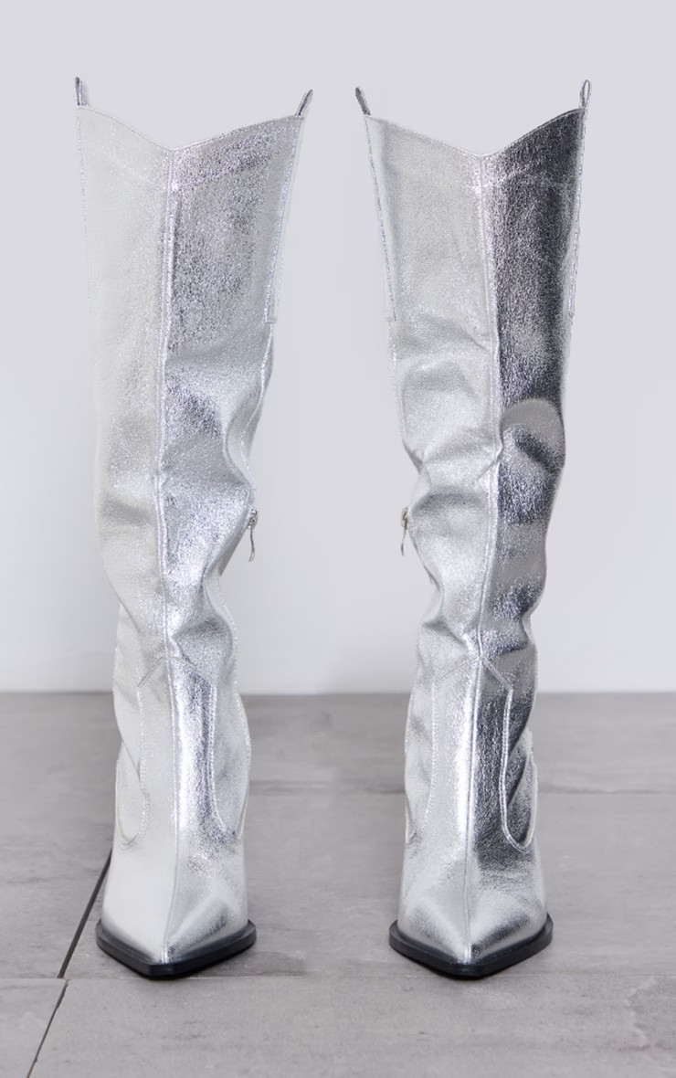 Silver Metallic Western Pointed Wedge Heeled Knee Boots | PrettyLittleThing US