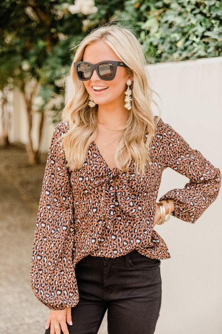 Chasing More Love Brown Animal Print Blouse | The Pink Lily Boutique