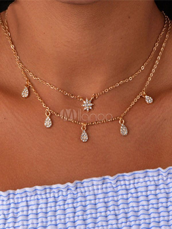 Layered Necklace Women Rhinestone Snowflake Drop Multi Chain Golden Necklace | Milanoo