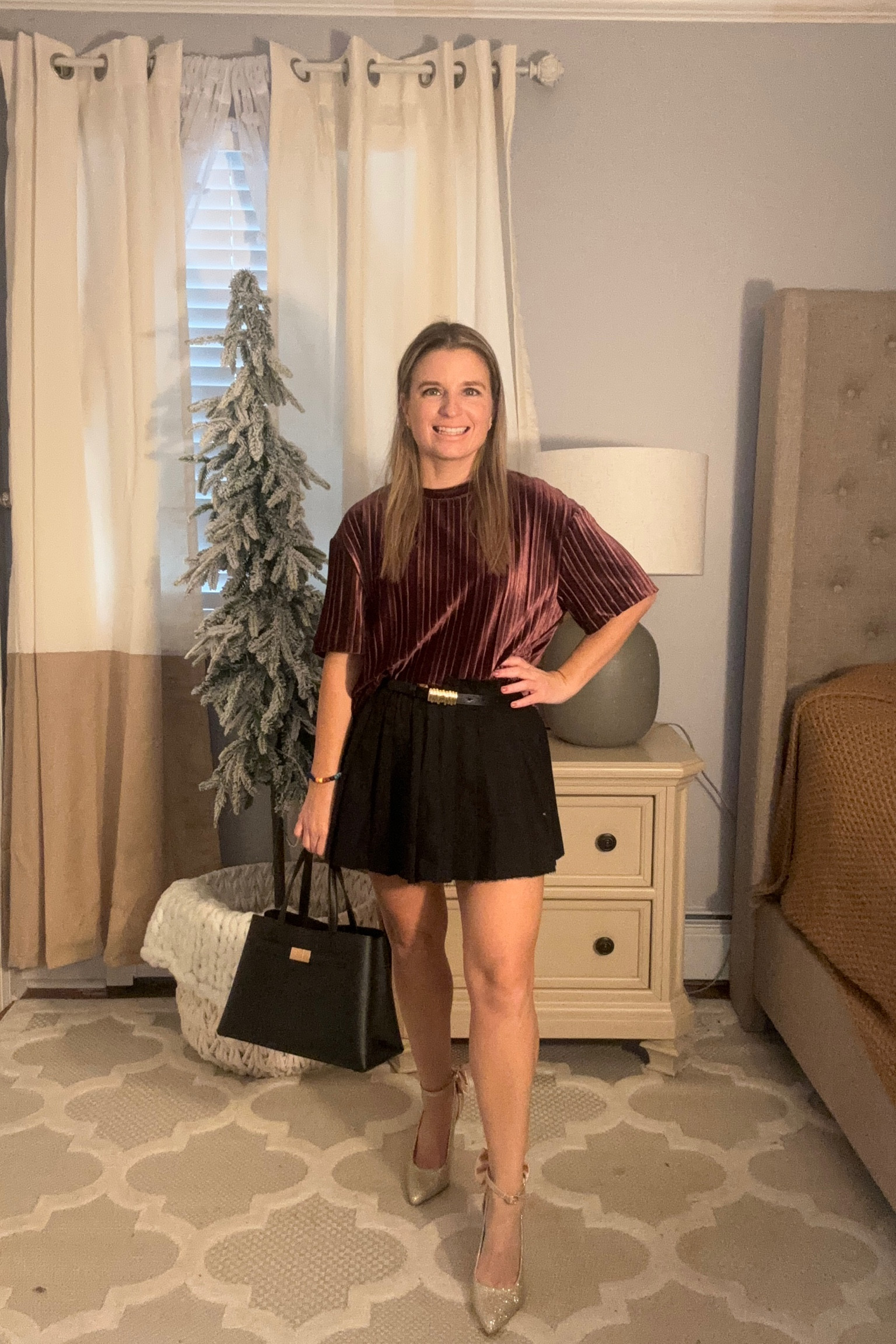 Velvet top with pleated skirt. Cute affordable holiday outfit. 

#LTKFindsUnder50 #LTKHoliday #LTKStyleTip