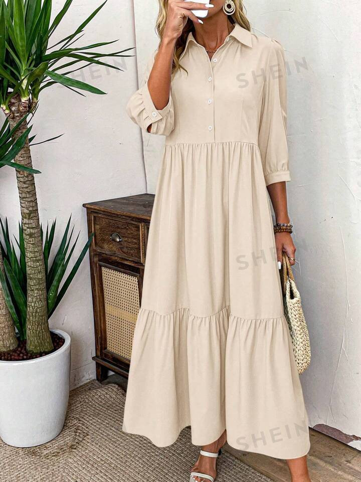 SHEIN LUNE Women's Summer Solid Color Casual Shirt Dress | SHEIN