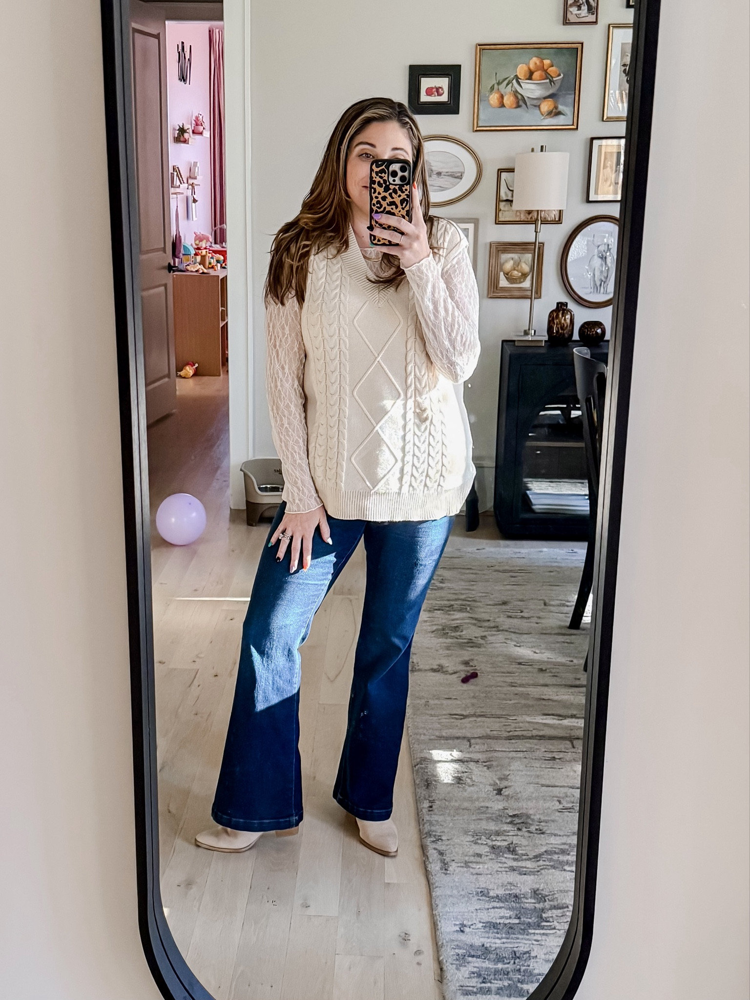 What I wore to our girls day out at Lucketts holiday house! We’re in and out of buildings and shopping so layering is key for this outing. Don’t want to have to hold a coat but also don’t want to freeze. I love layering lace tees like this under sweater vests! And these flare jeans are so fun! Too bad they hid my boots because those have the cutest tassels! 
Vest XL / Lace tees L / Jeans 12 / Boots tts

#LTKStyleTip #LTKMidsize #LTKootd