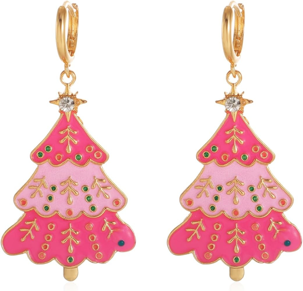 Christmas Earrings for Women,Pink Candy Christmas Tree Pendant Necklace Cute Dainty Christmas Tre... | Amazon (US)