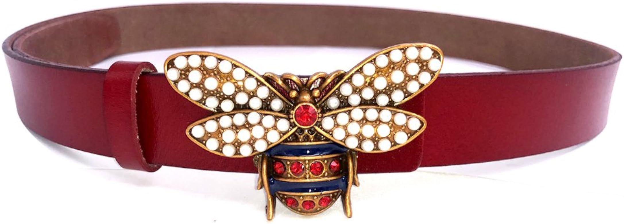 Women 1.10″ Thin Genuine Leather Fashion Bee Designer Buckle Belt With Pearl | Amazon (US)