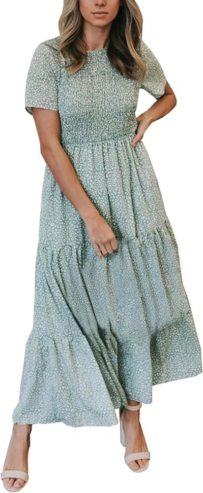 Zattcas Womens Summer Casual Short Sleeve Bohemian Floral Tiered Maxi Dress | Amazon (US)