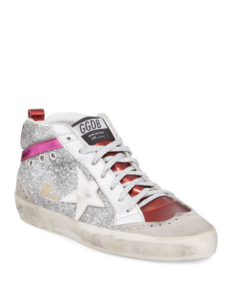 Mid Star Glittered Metallic Leather Sneakers | Neiman Marcus