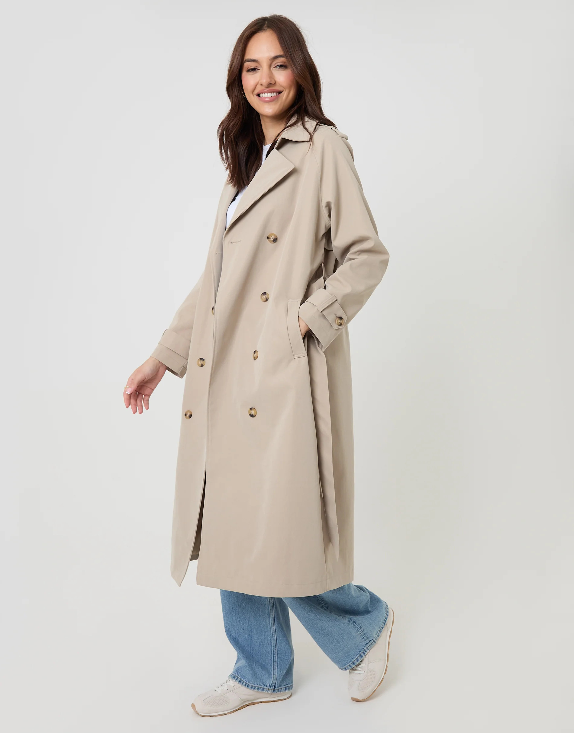 Stone Double Breasted Longline Trench Coat | Threadbare