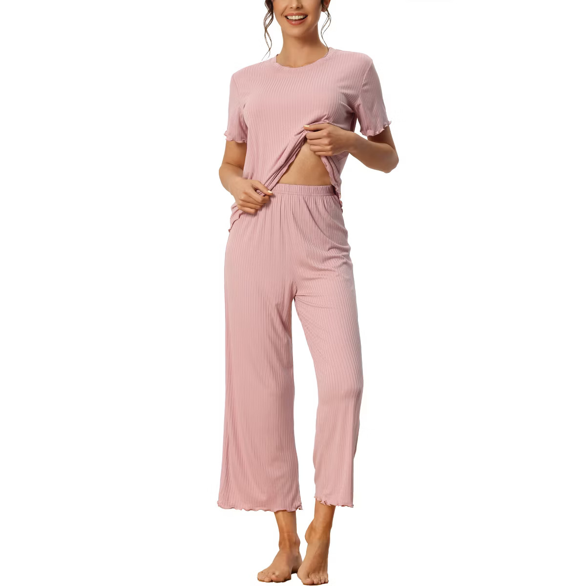 cheibear Women's Sleepwear Round Neck Soft Knit Short Sleeve Shirt with Pants Capri Pajamas Set | Target