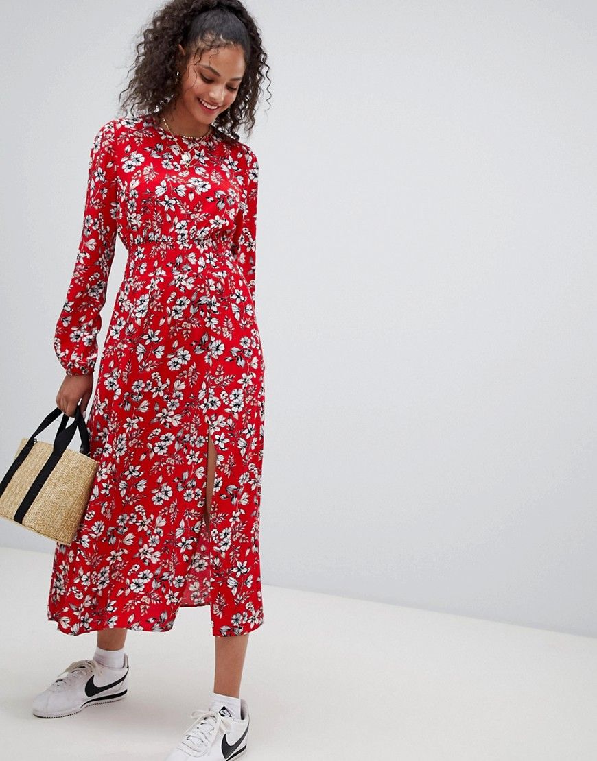 Nobody's Child maxi dress with shirred waist and side split in floral - Red | ASOS US